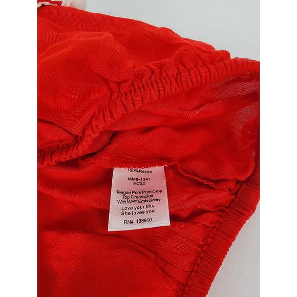 Show Me Your Mumu Teagan Pom Pom Crop Top Firecracker Red with White Embroidery - Picture 6 of 8